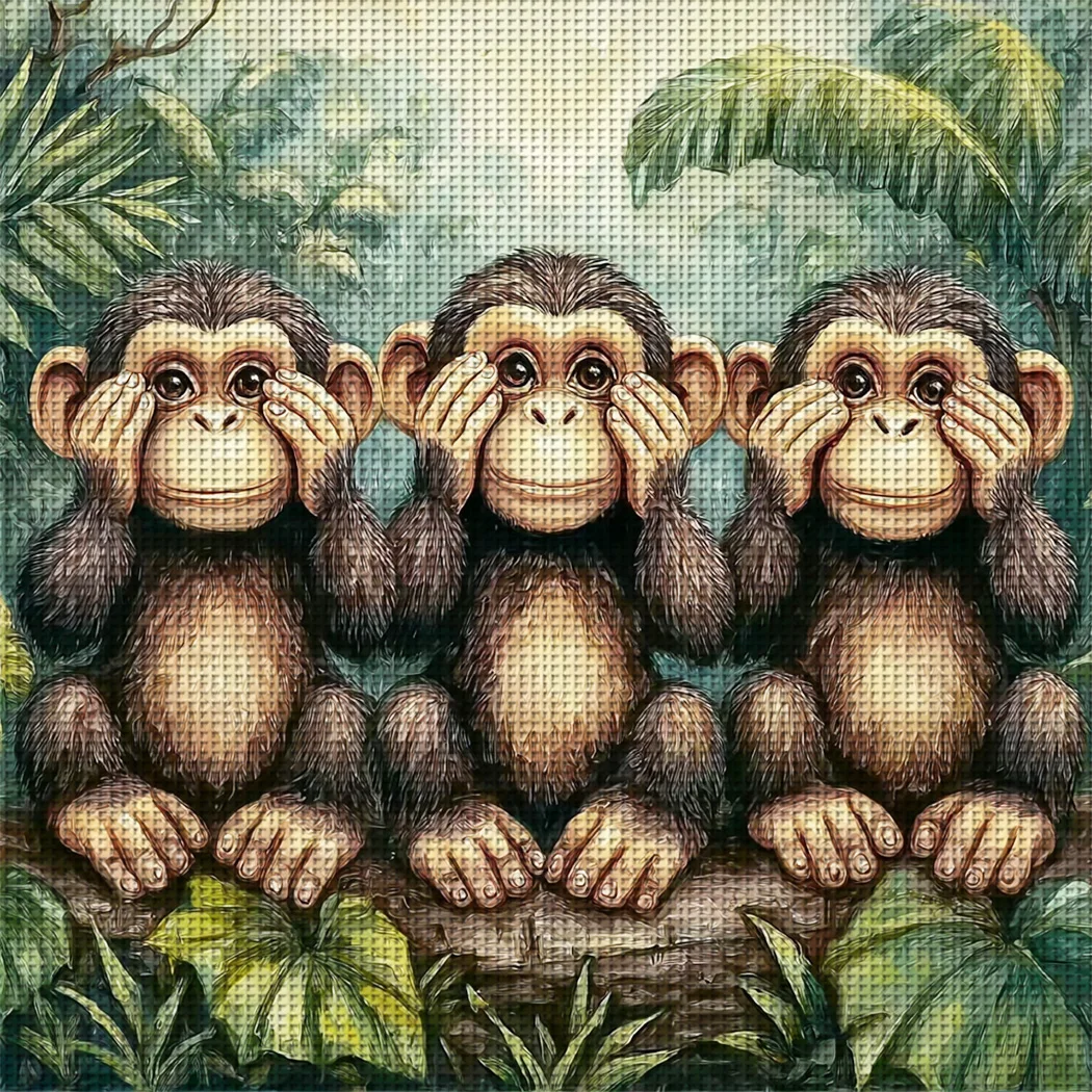 1 Stück 36x36cm/14,17x14,17 Zoll, 11CT Druck-Kreuzstich-DIY-Set, Niedliche Augenabdeckende Affen, Entspannendes Kreuzstich-Set für Erwachsene Anfänger