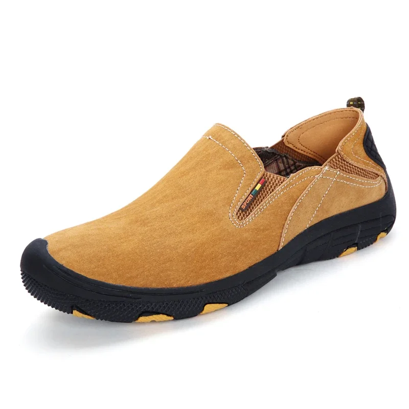 Mocasines de cuero genuino para hombre, zapatos planos sin cordones, calzado suave para conducir, caminar, Primavera, calidad