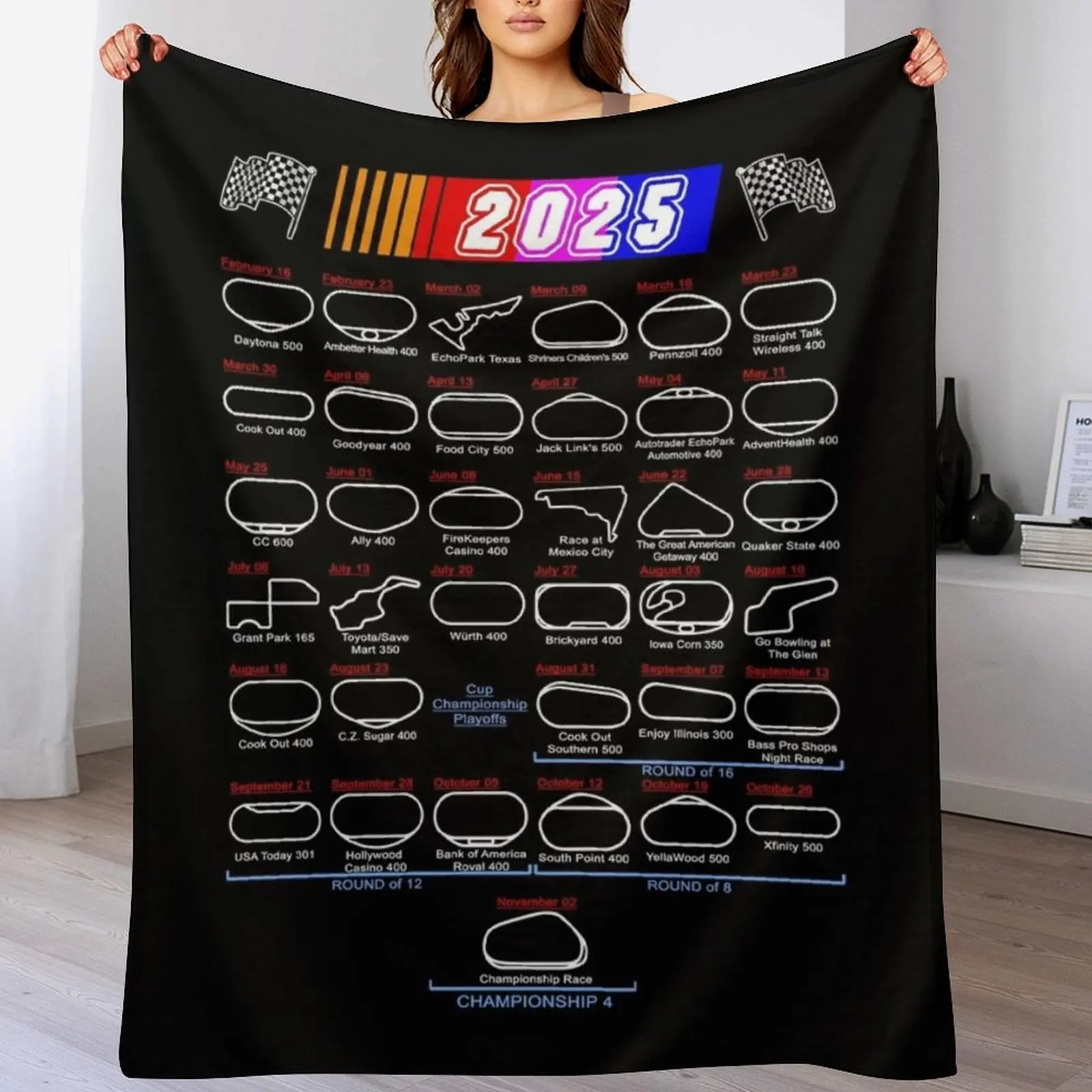 

Schedule Nascar Cup Series 2025 Throw Blanket Ultra Plush Cozy Blanket for Napping Sleeping