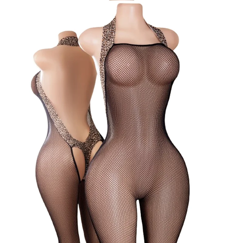 1-Piece Sexy Lingerie Bodysuit: Seductive Leopard Print Halter-Neck Mesh Bodysuit for Women