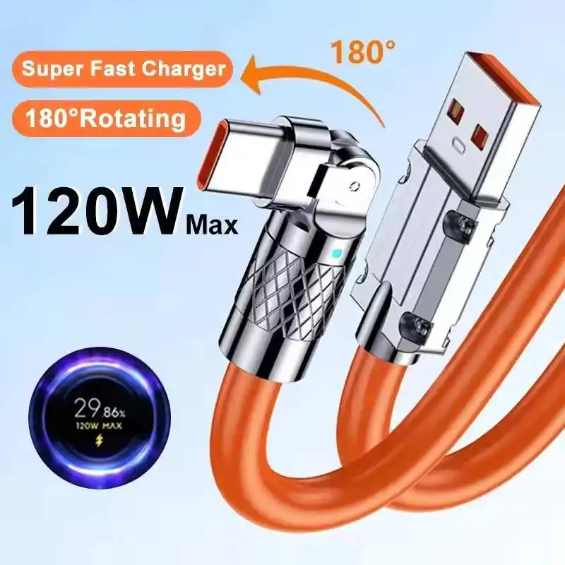 120W 7A Fast Charge USB Type C Cable 180 Degree Rotation Elbow Cable for Game for  Redmi Honor Xiaomi Phone Charger USB C Cable
