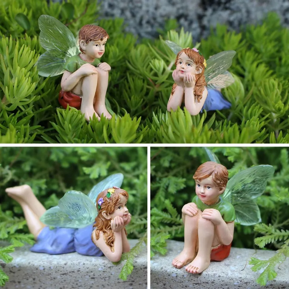 2pcs/set Boy Girl Fairy Garden Fairy Statue Creative Courtyard Terrarium Miniature Fairy Figurine Resin Craft Garden Accessories