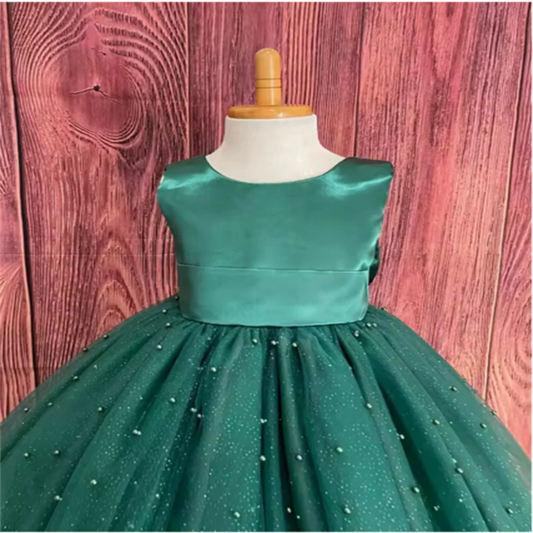Aangepaste glanzende smaragdgroene bloemenmeisjesjurken verjaardag enkellange bruiloft feestjurk mouwloze strik optocht heilig