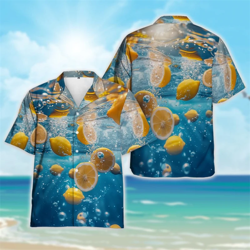 Camisa de praia gráfica masculina Cold Splash Fruits, pêssegos coco kiwi camisas havaianas, roupas de frutas frescas, melancia laranja Tops