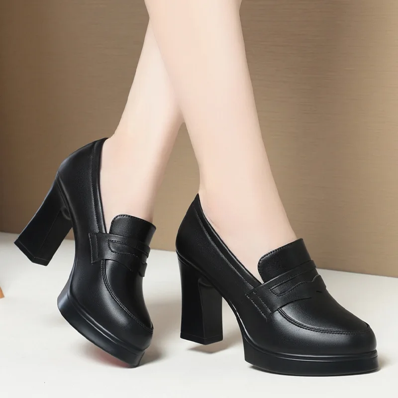 Fashion Comfortable Black Soft Leather Shoes Deep Mouth Spring 2024 Block Heels Shoes Women for Office Mom Model Versatile