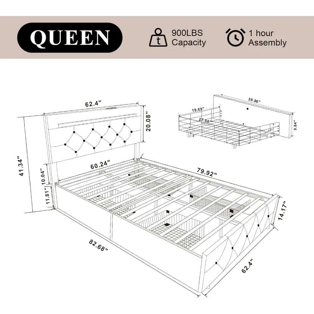 Queen Size Bed Frame with 4 Drawers and Adjustable LED Headboard, PU Upholstered Platform Storage Bed with Charging Station