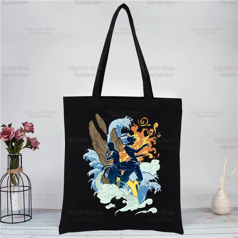 Avatar The Last Airbender Black Handbags Canvas Tote Bag Shopping Water Earth Fire Air Shoulder Shopper Bags bolsas de tela