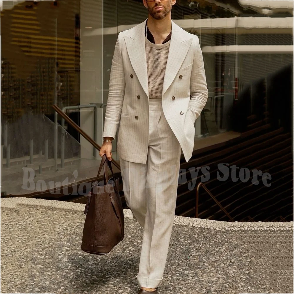 

Fashion White Striped Suits For Men Elegant Double Breasted Peaked Lapel Male Set Two Pieces(Blazer+Pants) Business Suit