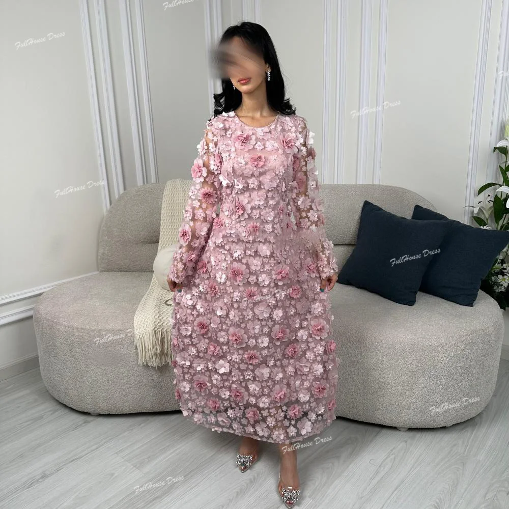 

Custom Made Graceful O-neck Floral Appliques Lace Evening Dress Straight Long Sleeve Ankle Length Prom Dress شارون سعي