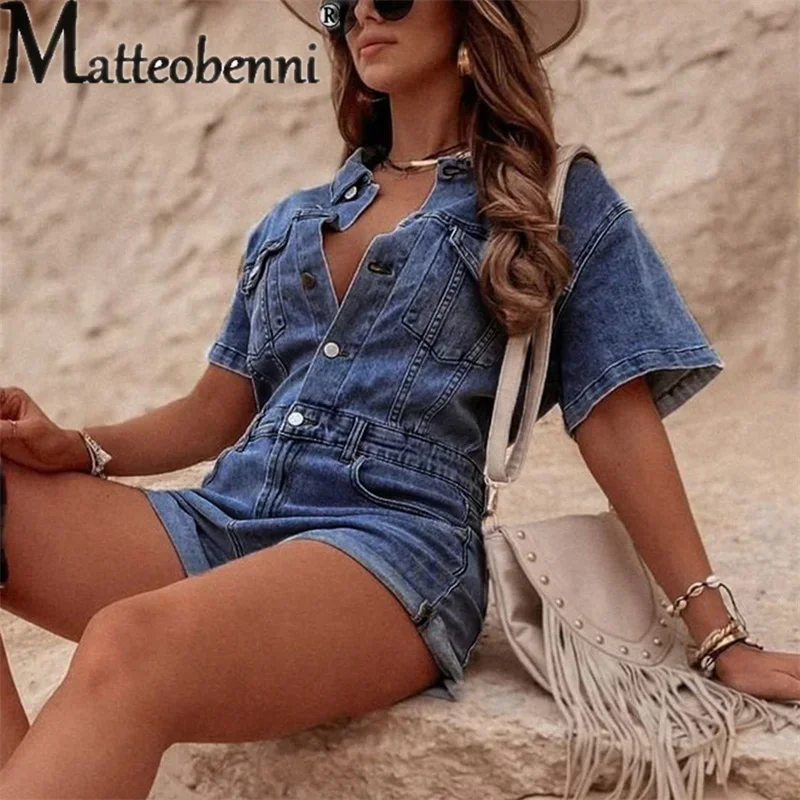 Mono de empalme de un solo pecho para mujer, pantalones cortos femeninos, solapa Vintage, mamelucos de mezclilla de Color sólido, decoración de doble bolsillo