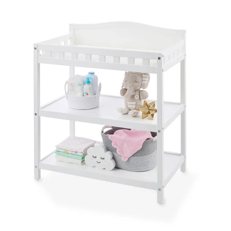 White wooden baby changing table with padded shelves for storing diapers, baby care, and other children's furniture