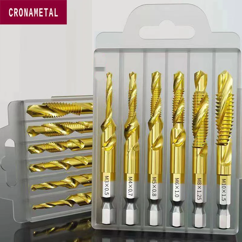 Cronametal 1Pcs Titanium Gecoate Zeskantige Schachtboor Hss Metrische Schroefdraad Bit Afschuining Samengestelde Kraan Voor Metaalstaal