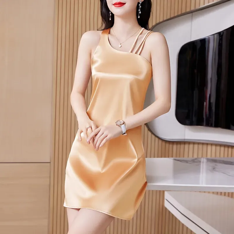 Acetic Satin V-Neck Sling Dress Women 2024 Summer New Irregular Vestidos Lady Fashion High Sense Bottom Long Vest Dresses Female