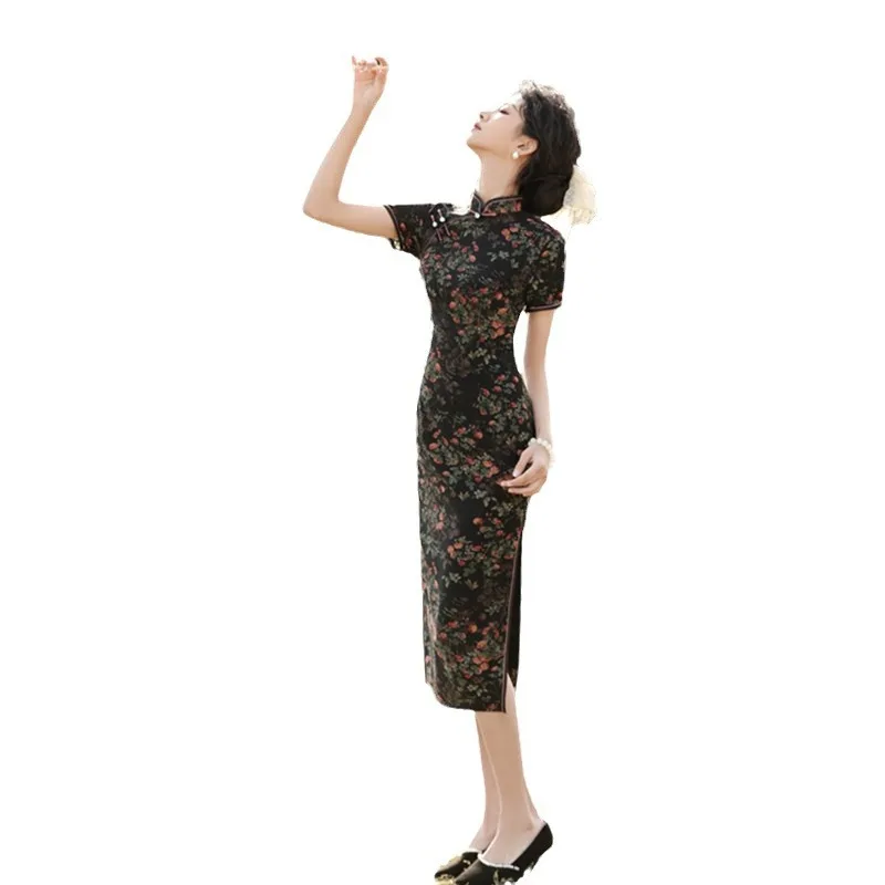 Retro National Style Middle-Aged  Elderly Women's Long Short Sleeve Robe Qi Pao    Chiffon Double-Layer Cheongsam