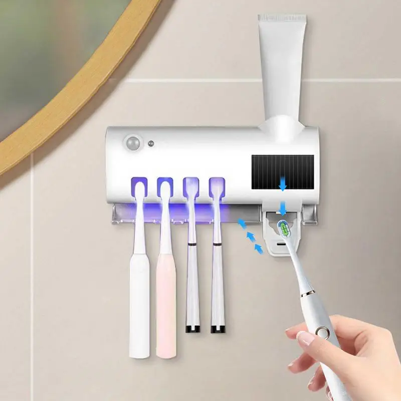 Soportes para cepillos de dientes montados en la pared, 4 ranuras para cepillos de dientes, soporte para cepillos de dientes con luz UV, dispensador exprimidor de pasta de dientes automático