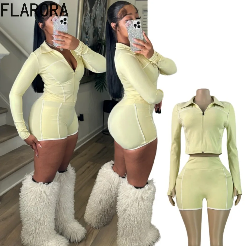 

FLARORA Casual Stripe Sporty 2 Piece Set Woman Long Sleeve Lapel Zipper Crop Tops And High Waist Shorts Female Street Tracksuits