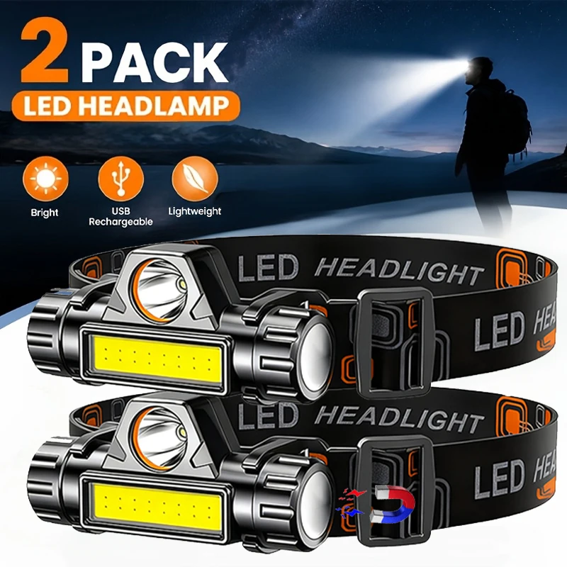 Linterna frontal LED superbrillante, recargable, resistente al agua, con cuentas XPE COB y imán trasero, doble fuente de luz, luz de trabajo