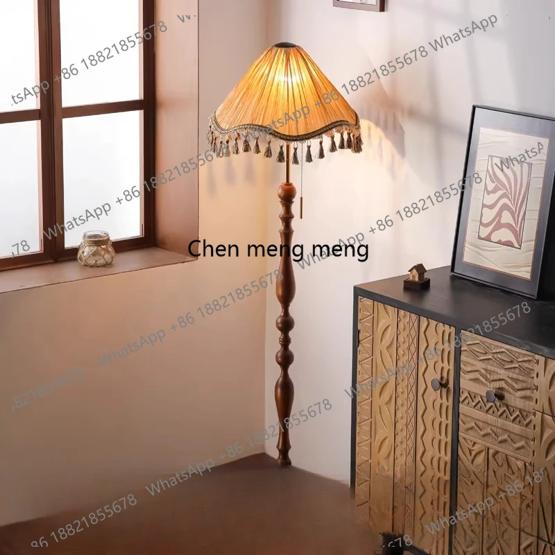 French creative retro solid wood floor lamp living room vertical wabi wind bedroom sofa edge advanced tassel floor lamp