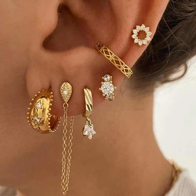Vintage Stainless Steel Zircon Star Hoop Earrings for Women French Design 18K Gold Plated Chain Earring Punk Unisex Rock Jewelry