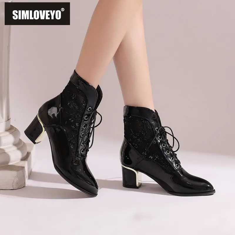 

SIMLOVEYO Брендовые женские ботильоны с острым носком на шнуровке 6 см на блочном каблуке с дышащей сеткой Короткие ботинки размера плюс 41 42 43 Осень