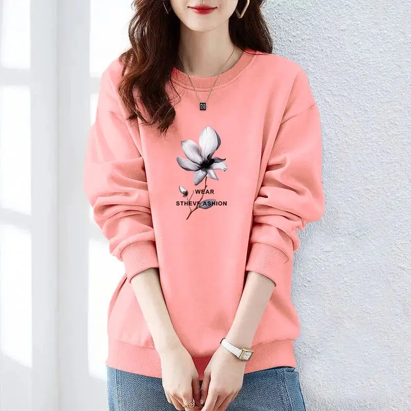 Autumn and Winter Women\'s Crew Neck Long Sleeves Printing Loose Pullovers Korean Hoodies Fashion Classic Casual All Match Tops