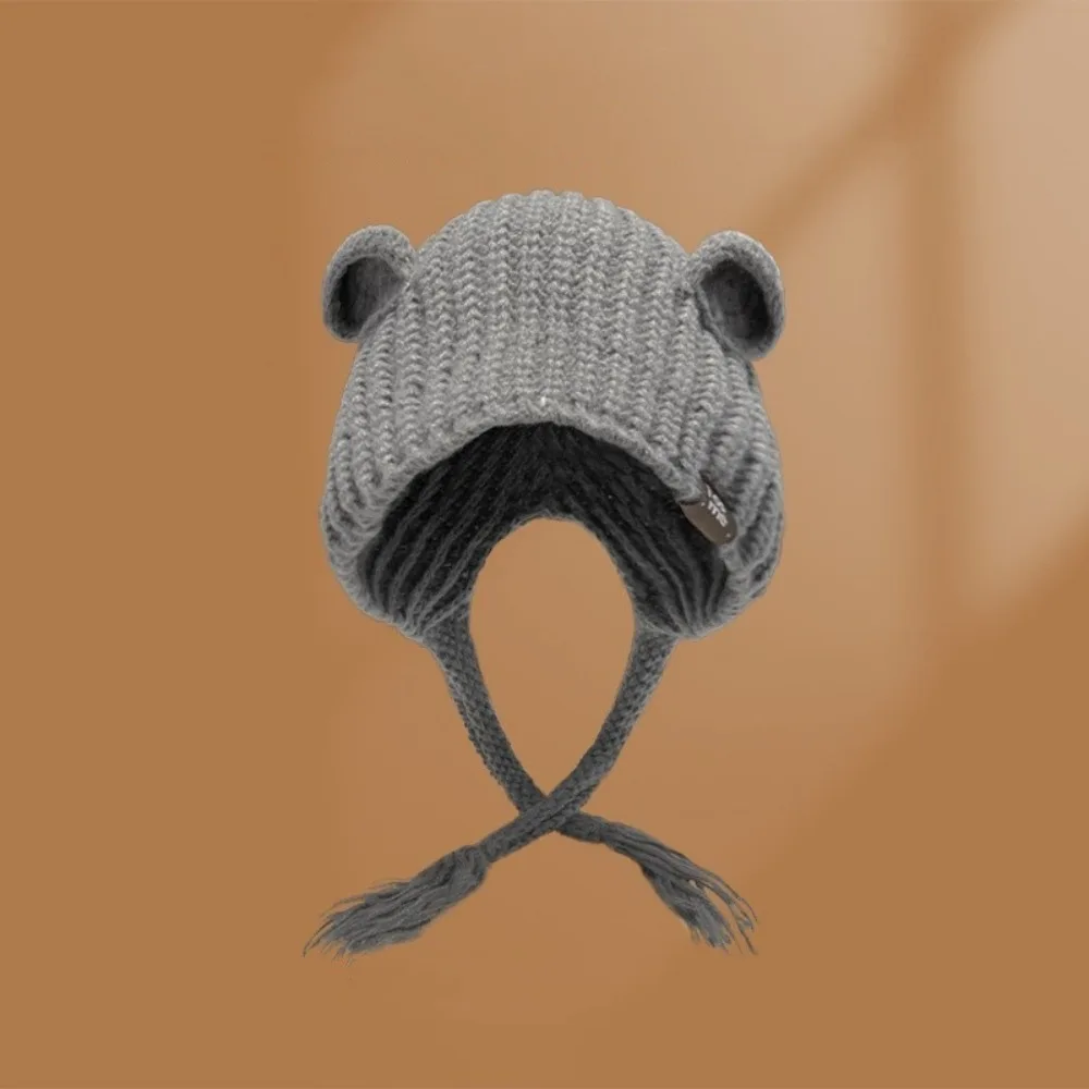 

Cute Ear Protection Bear Ear Hat Solid Color Keep Warm Knitted Hat Headgear Ear Protection Hat Winter