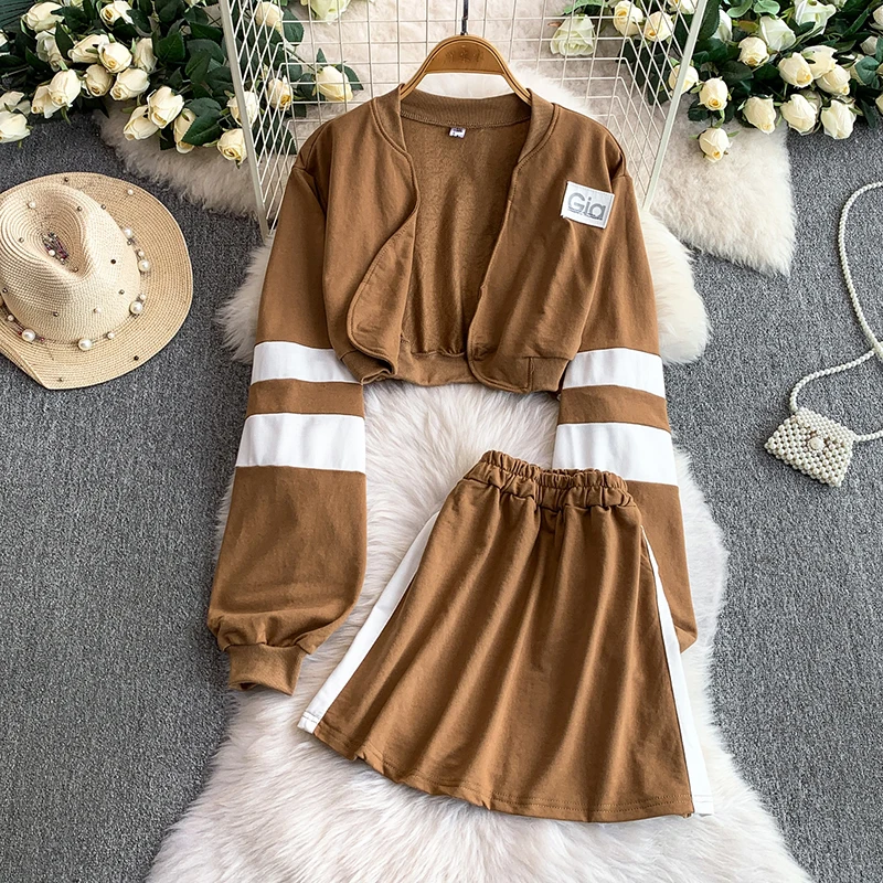 

American college style two-piece set women temperament striped short knitted cardigan jacket+high waist slim short skirt