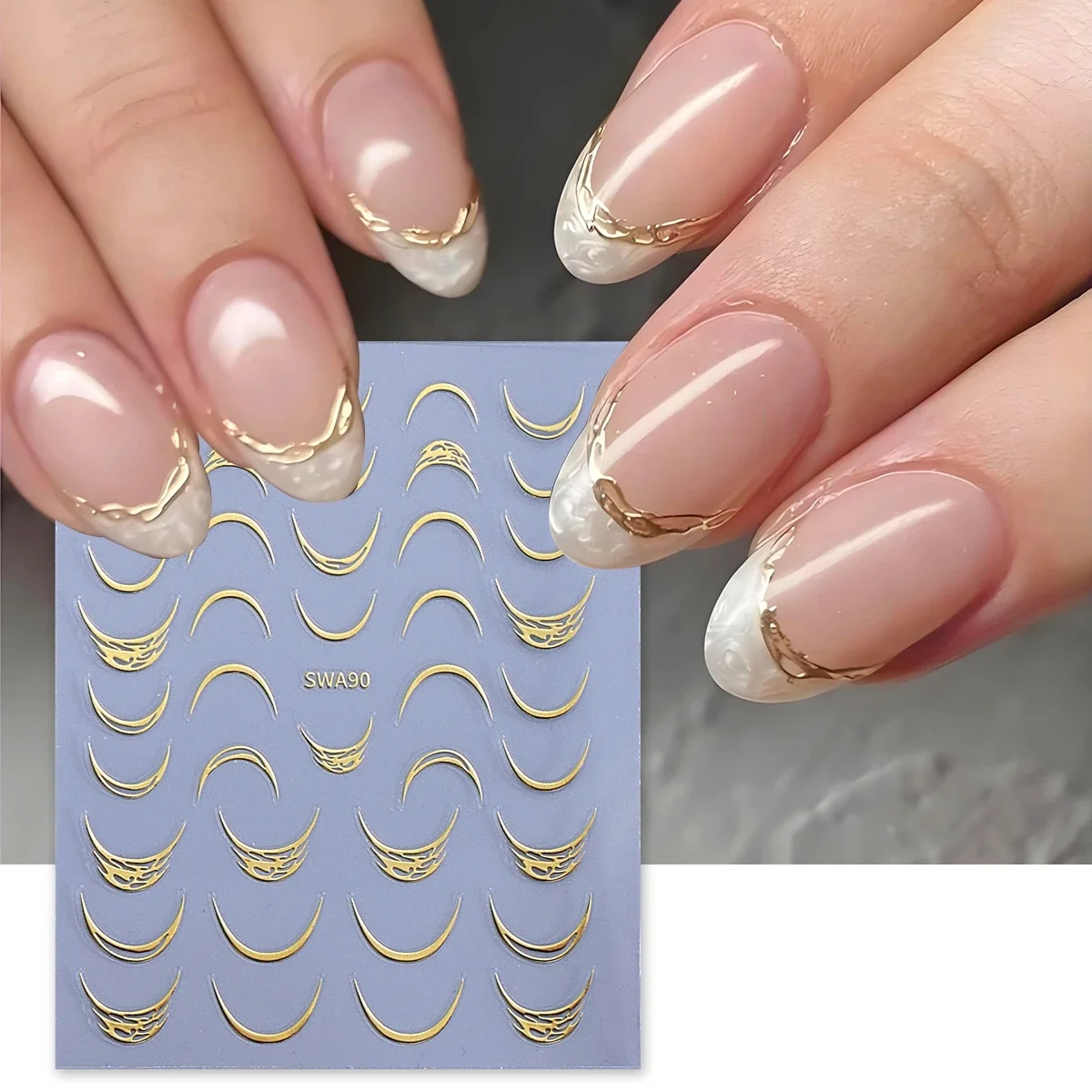 1 stks 3D Sparkle Vergulden Franse Kwastje Vorm Nail Sticker Goud Zilver Ster Maan Zelfklevende Decals Stempelen Manicure Decoratie