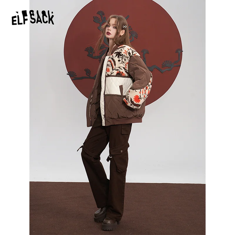 ELFSACK Spliced Cotton Coats Women 2023 Winter New Loose Rhombus Designed Jackets