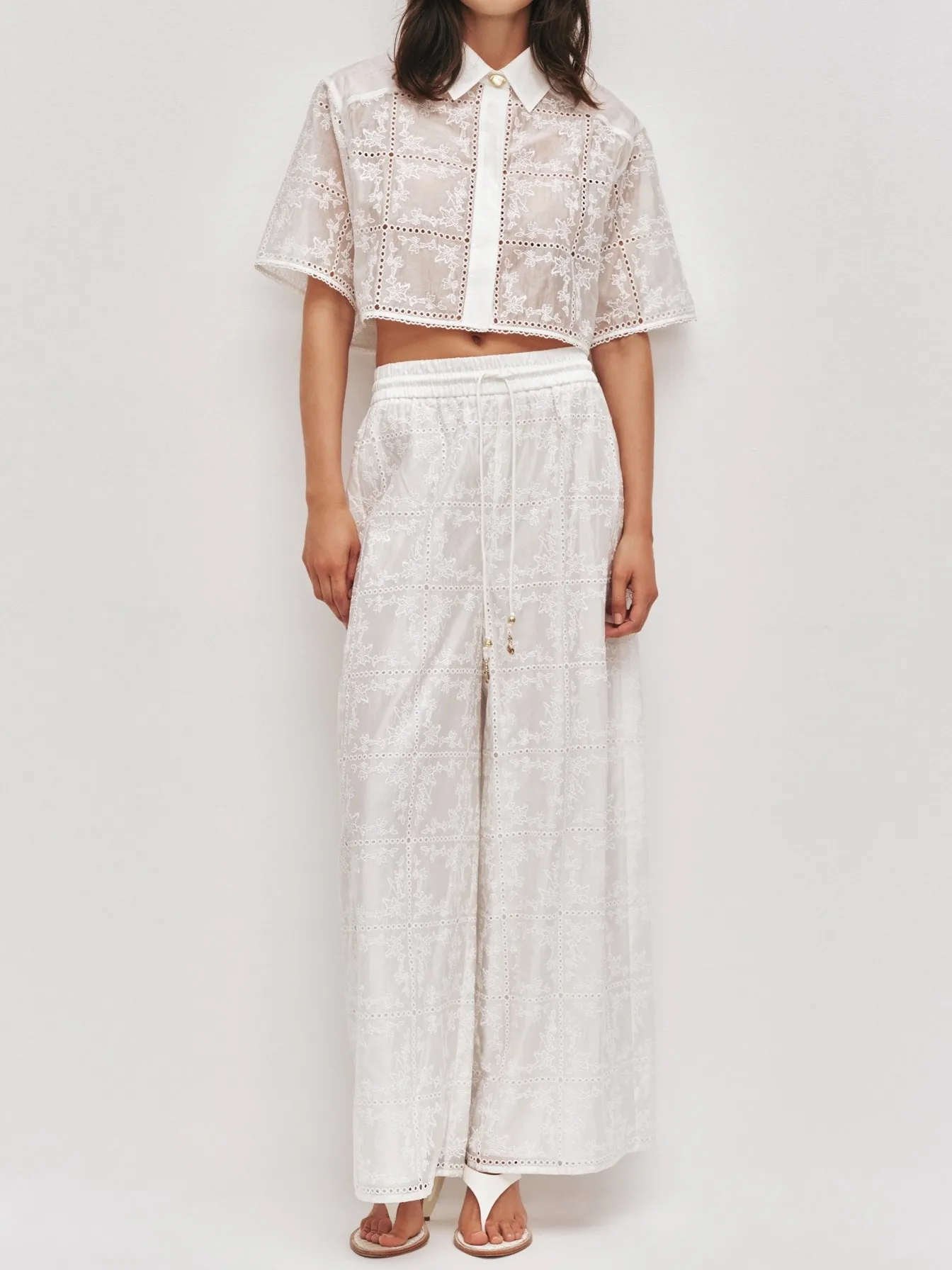 

Women Embroidery Hollow Out Set Turn-down Collar Short Sleeve Single Breasted Shirt + Elastic Waist Straight Pants Casual Suit