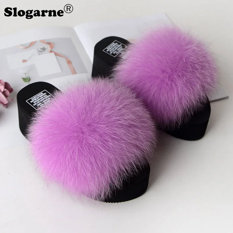 Ladies Modern Fox Fur Slippers Women Fashion Outdoor Fur Slides 5cm Thick Sole Summer Platform Shoes Girls High Heels Flip Flops