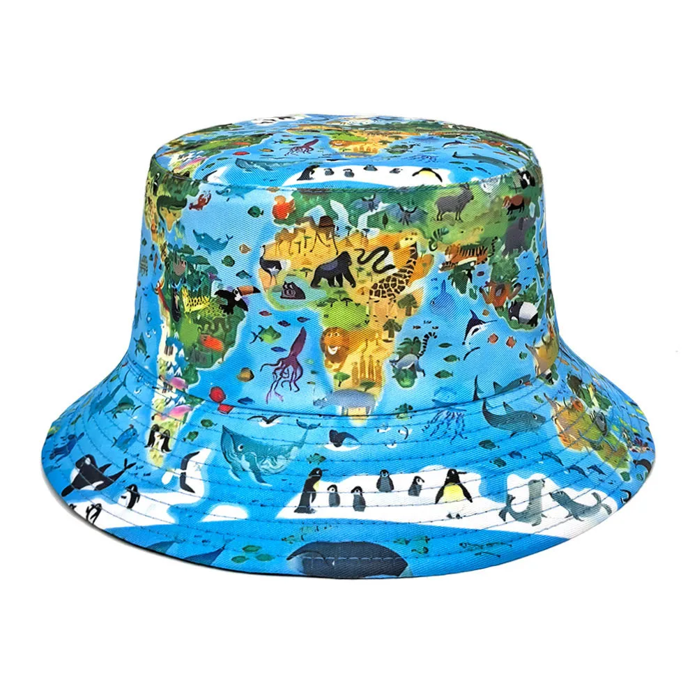 Blue Map Print Bucket Hat Women Summer Beach Outdoor Travel Hiking Sunscreen Fisherman Hat Lady Daily Daily Decorate Sun Panama