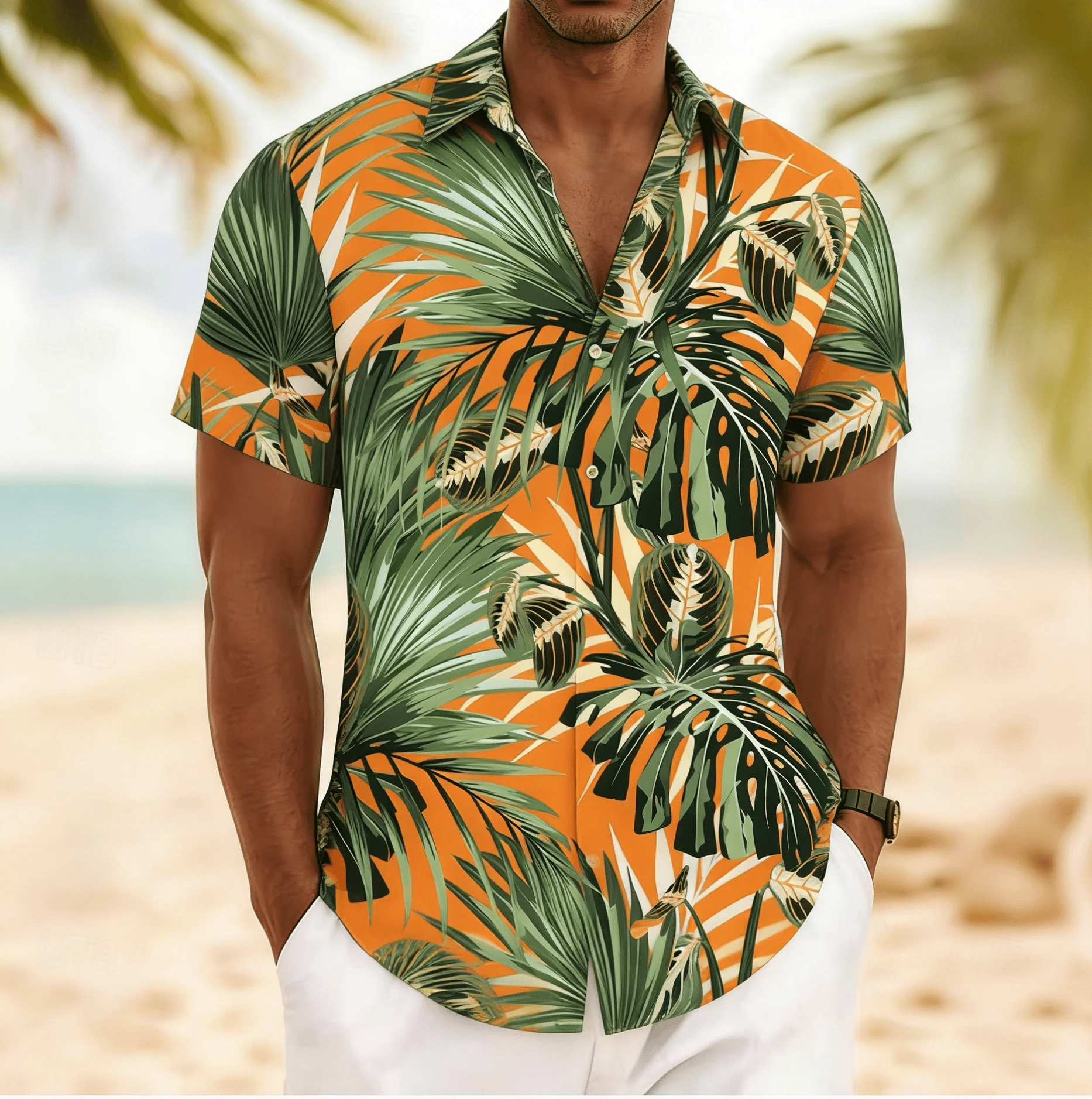 

Men's Tropical Monstera & Palm Leaf Print Short Sleeve Shirt, Spring Summer Vintage Hawaiian Vacation Blouse, Loose Casual Top