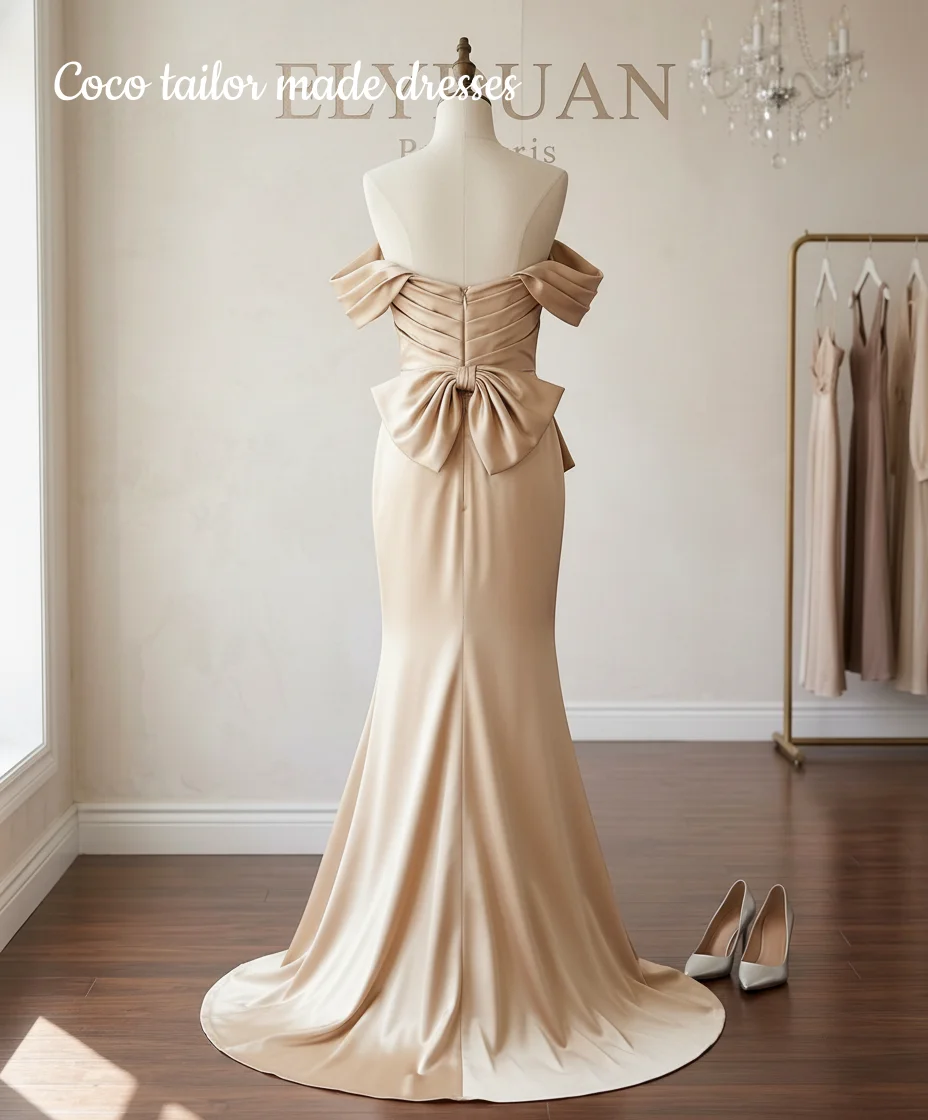 Elegant Champagne Mother Of The Bride Dress Draped Mermaid Evening Gowns Off-Shoulder Wedding Guests Party Dresses Customized