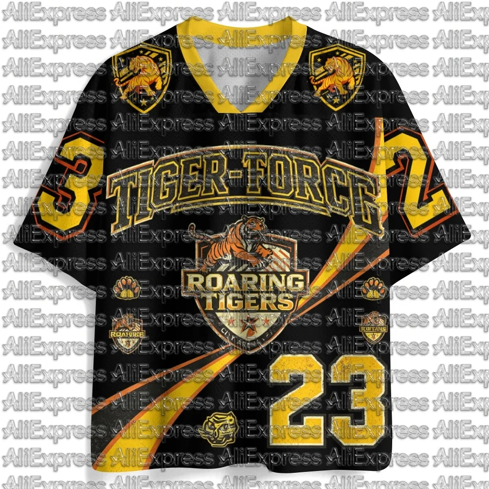 Roaring Tiger Team 23 Pattern Men's Mesh V-neck Short Sleeved T-shirt Retro Sports Team Mascot Neutral Street Sports Top