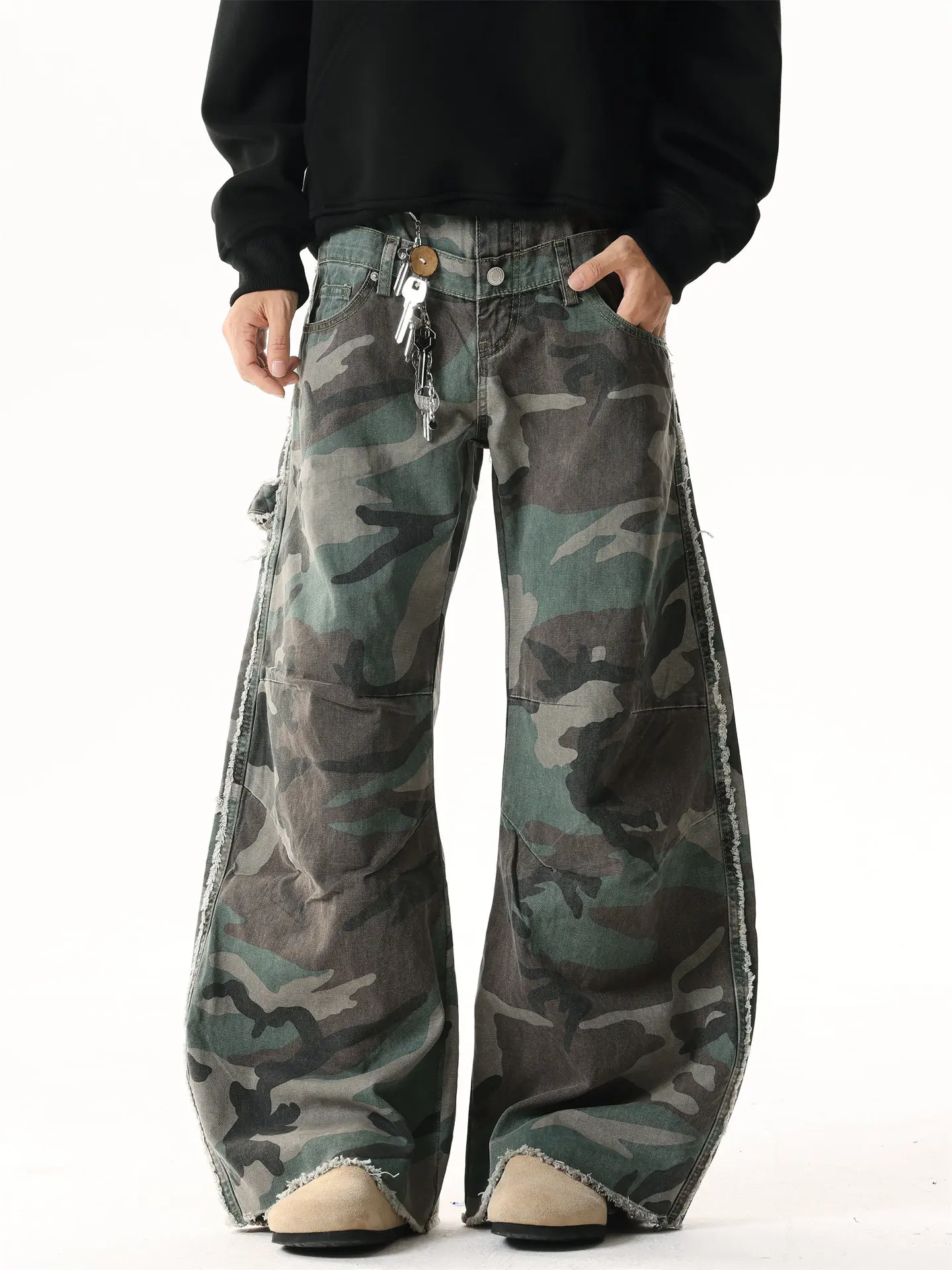 Double Waist Camouflage Jeans For Men Spring New American Casual Fashion Retro Loose Washed Splicing Fringed Denim Pants