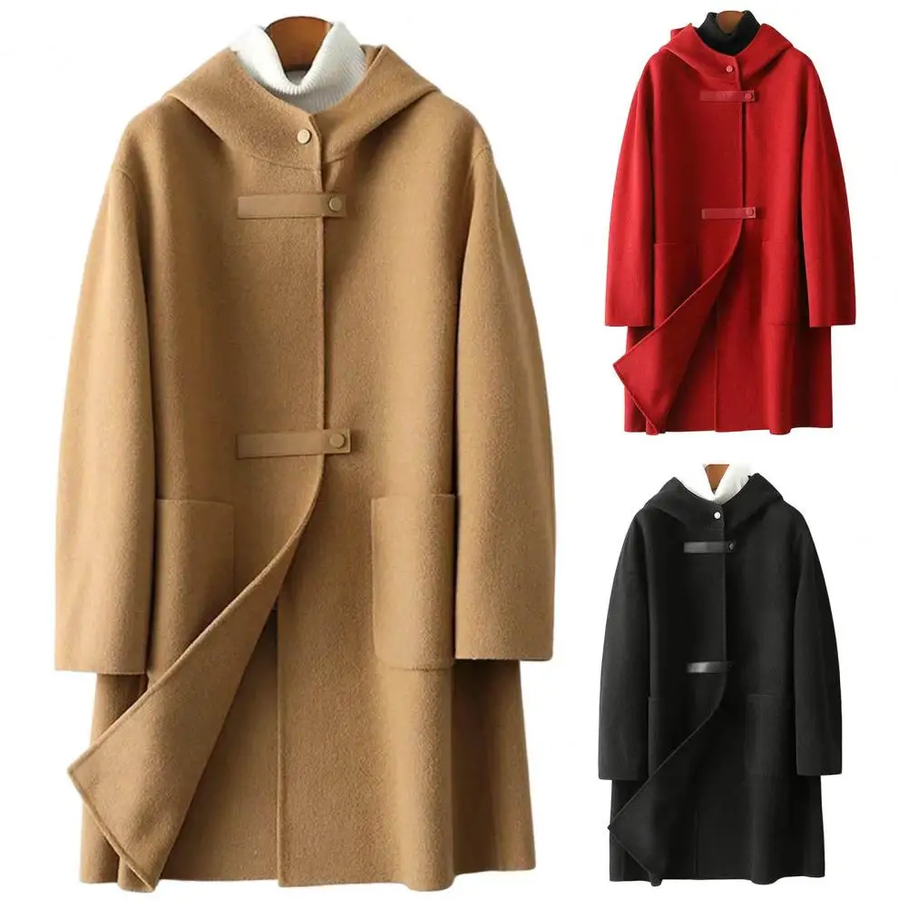 

Winter Double Sided Woolen Coat Women Solid Color Hooded Overcoat Loose Large Pockets Outerwear Streetwear Manteau Femme Abrigo