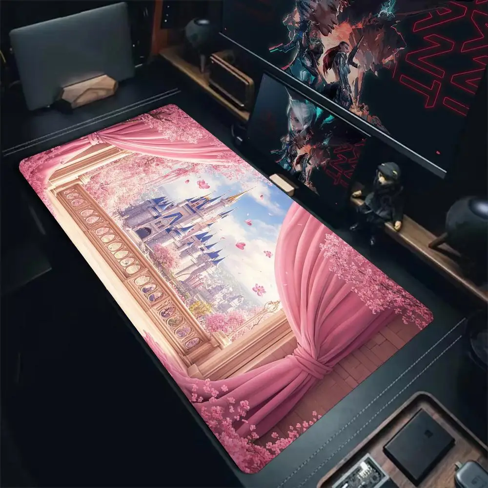 Pink Cherry Blossom Castle Mouse Pad Desk Mat Large Computer Office Carpet XXL Mousepad Gamer Gaming PC Accessories Keyboard Rug