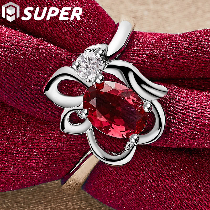 

925 Sterling Silver Red AAA Zircon Round Ring For Woman Fashion Wedding Engagement Party Gift Charm Jewelry