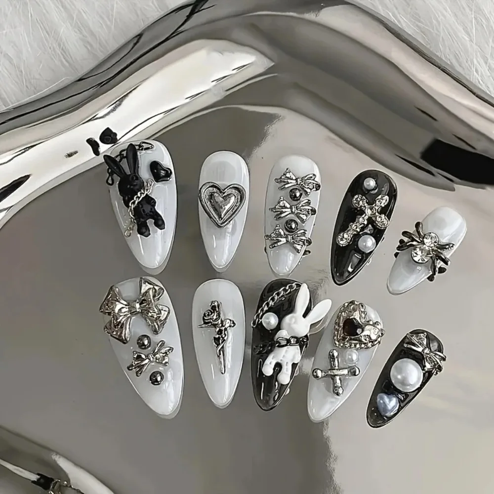 NEW 10pcs personalized black and white nail art, rabbit and bow decoration - Gothic minimalist style, suitable for daily wear