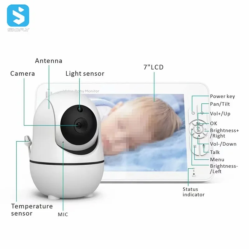 Smart Baby da 7,0 pollici con schermo 1080p HD Zoom 4X Audio bidirezionale Visione notturna Crying Babyfoon Baby Camera