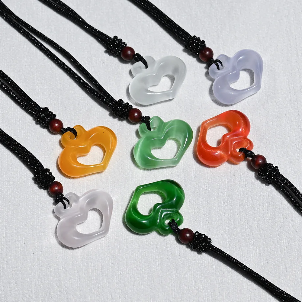 Multi Color Cat Eye Stone Heart Shape Pendant Adjustable Wax Rope Choker Necklace Fashion Daily Women Men Jewelry