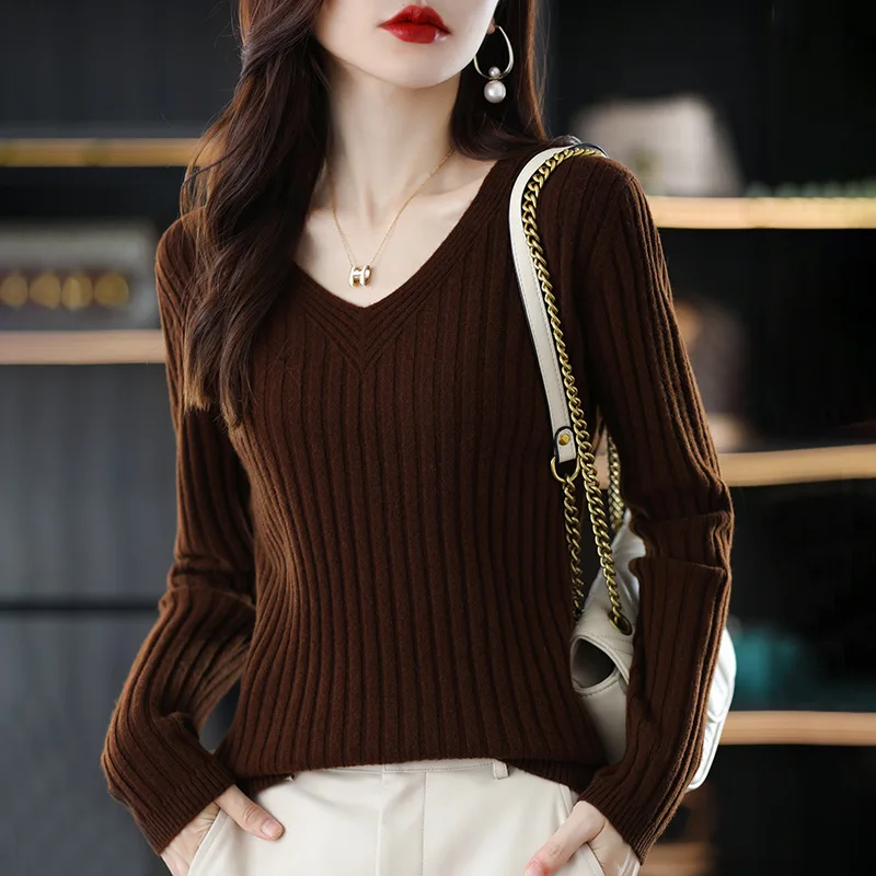 New Solid Color V Neck Knitted Sweater Temperament Fashion Long Sleeve Woman Slimming Pullovers Comfortable Soft Warm Tops