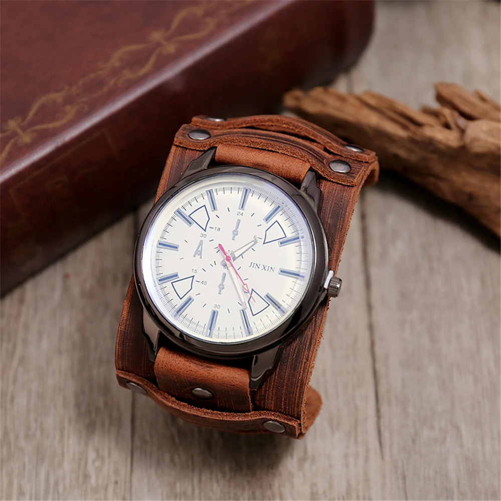 Wide Belt Strap Genuine Leather Pointer Watch For Men Bracelets Bangles Punk Vintage Male Gift Jewelry