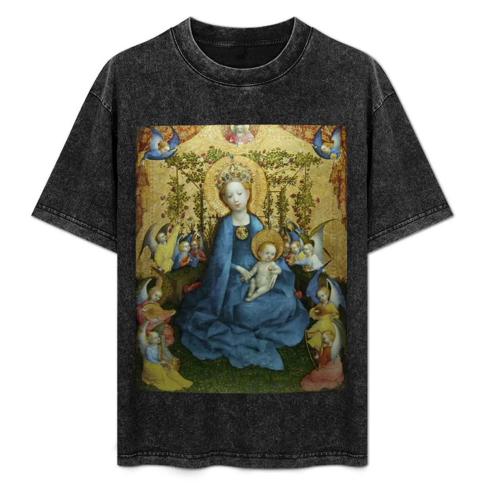 

Mother Mary: Madonna in the rose-garden, by Stefan Lochner 1448 T-Shirt Casual Streetwear Short Sleeve Tee