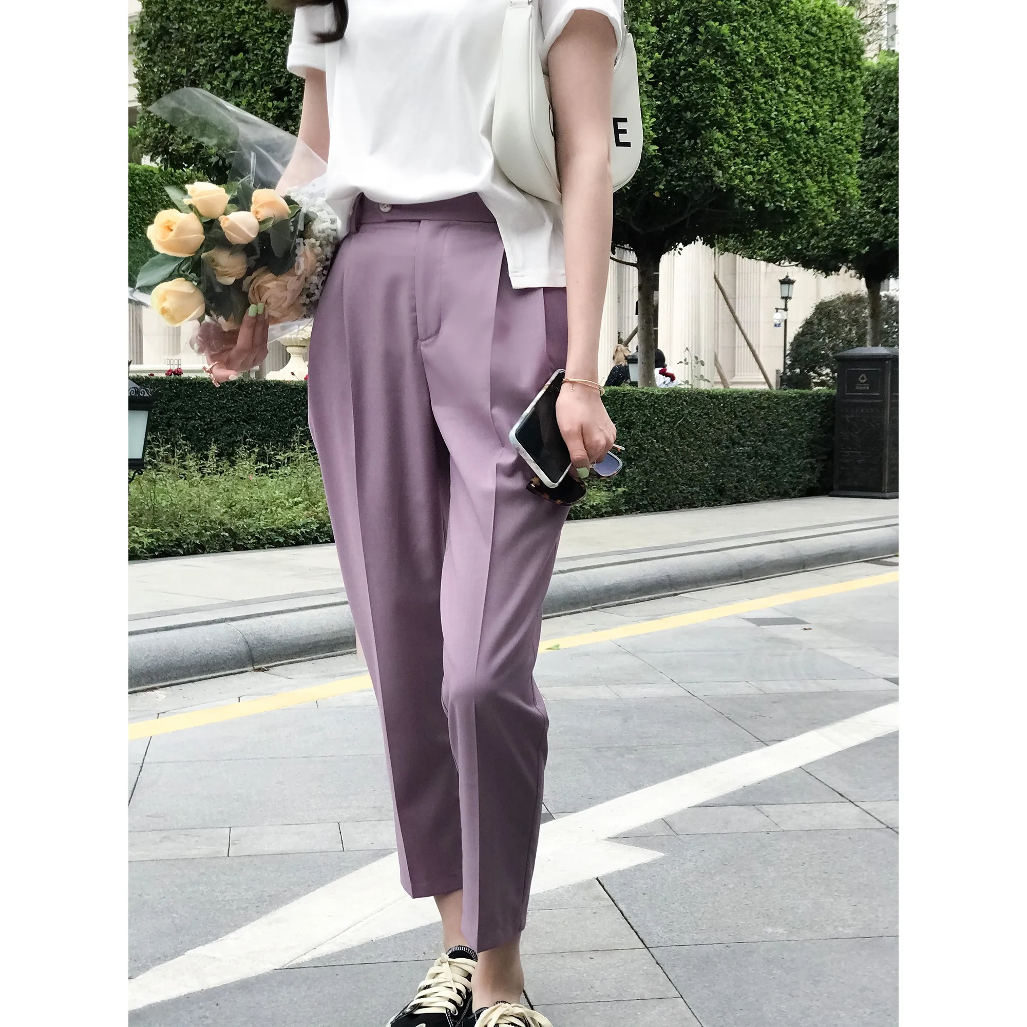 

High Waist Straight Leg Thin Fabric Women's Suit Pants Summer Commute Sle Polyester Fiber Nine Points Casual Trousers
