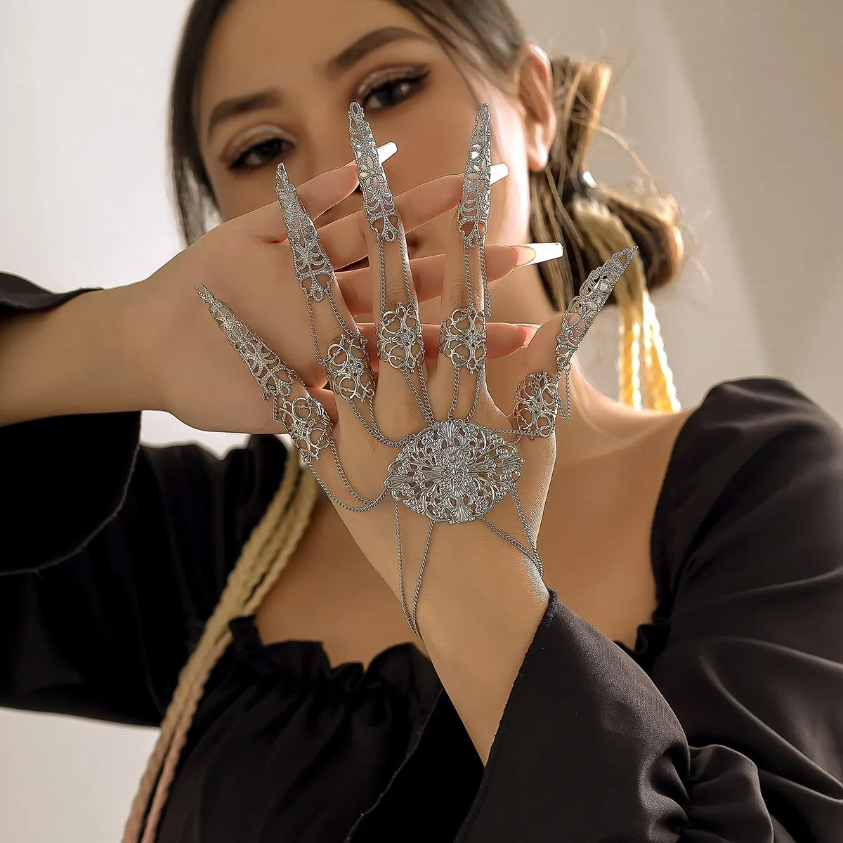 Exaggerated Dubai Indian Thai Connecting Finger Bracelet Women Punk Nail Rings With Bracelet Belly Dancer Cosplay Hand Jewelry