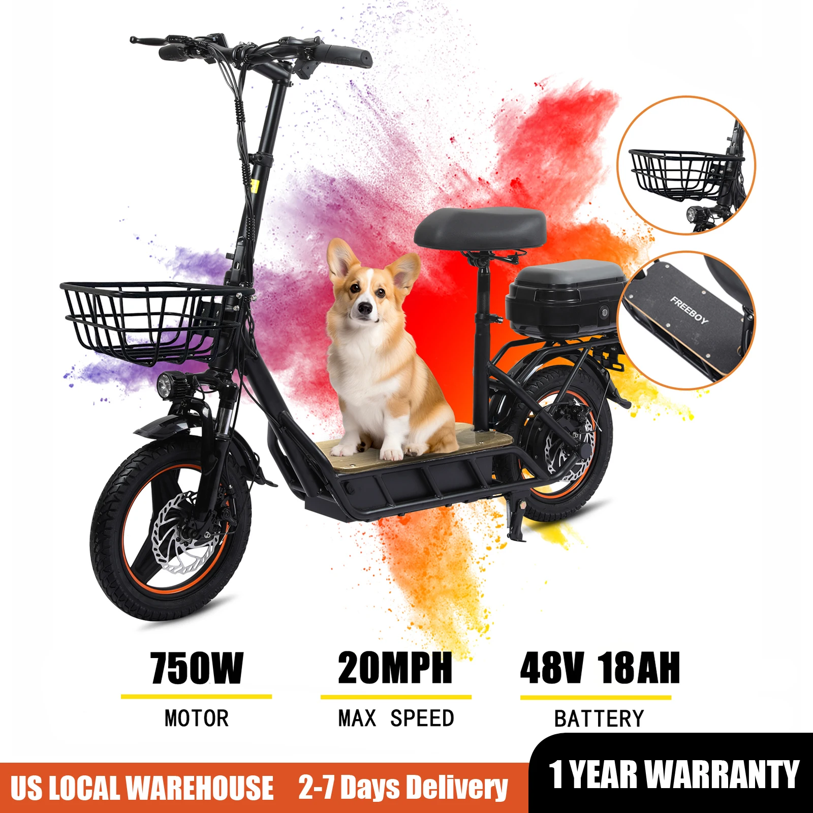 

USA UK Electric Scooter with Seat for Adults, 750W Motor Power, 48V 18Ah Battery, Load 330Lbs, Commuter Scooter with Storage Box