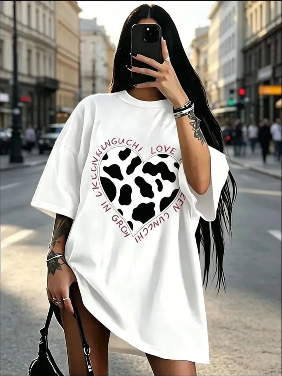 Sweet Funny Russian Fashion Cow Print Heart Curved Love Text Front Print Oversized White 100% Cotton Y2K Summer T Shirt