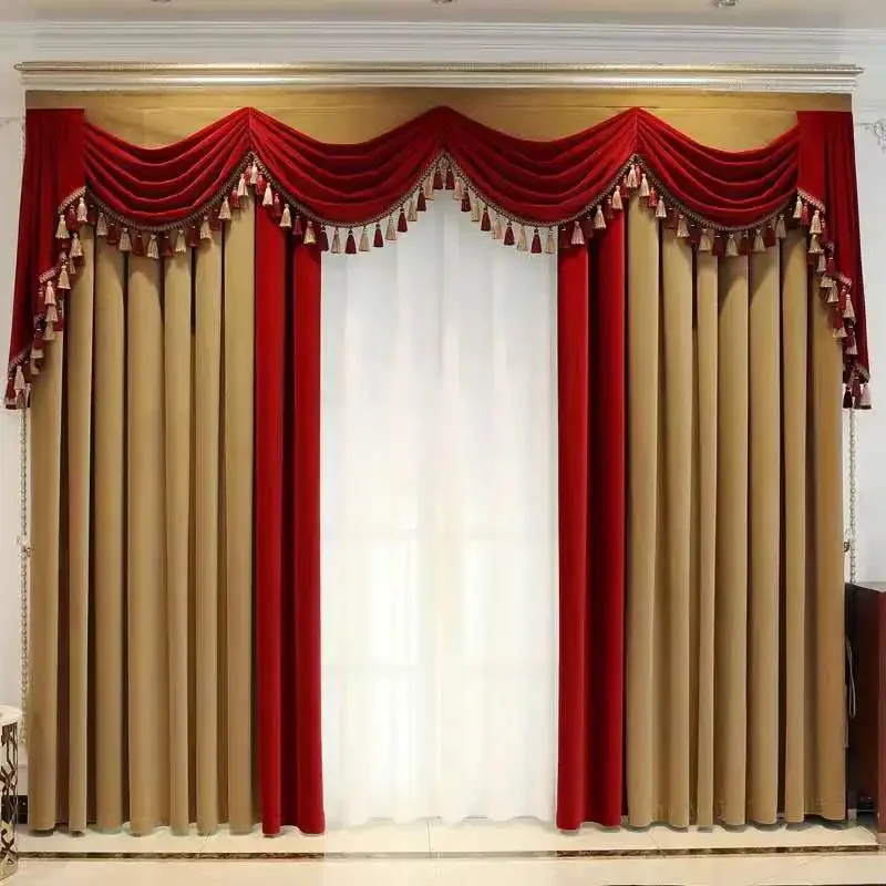 

Customized Size European Style Curtains Solid Color Velvet Splicing Thickened Blackout Fabric Living Room Villa and Valance1pc